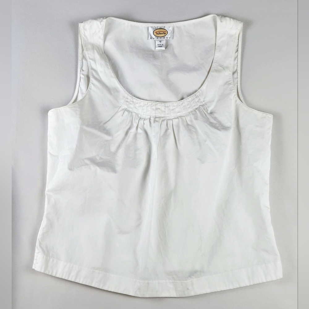 Talbots Petites Sleeveless Top Pleated Scoop Neck Tank Blouse Cream 12P Cotton